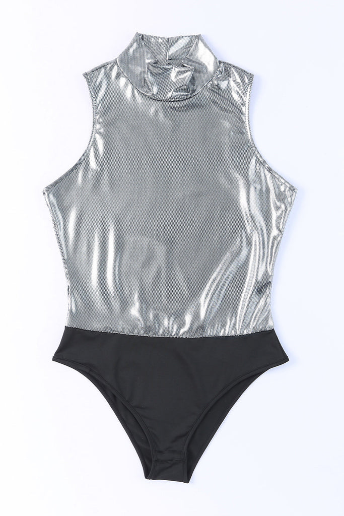 Silver Metallic  High Neck Sleeveless Bodysuit