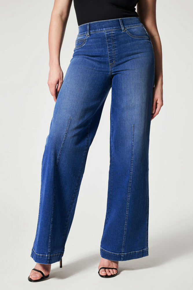 Pull On Dark  Blue High Waist  Wide Leg N0N  Distressed Denim Jeans