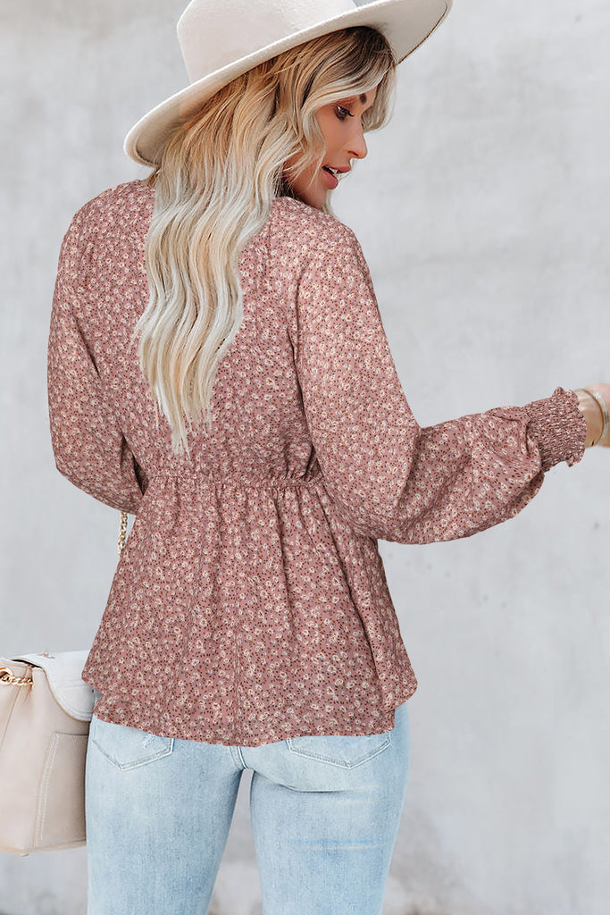 Pink Boho Floral Print Front Tie Ruffled Long Sleeve Blouse