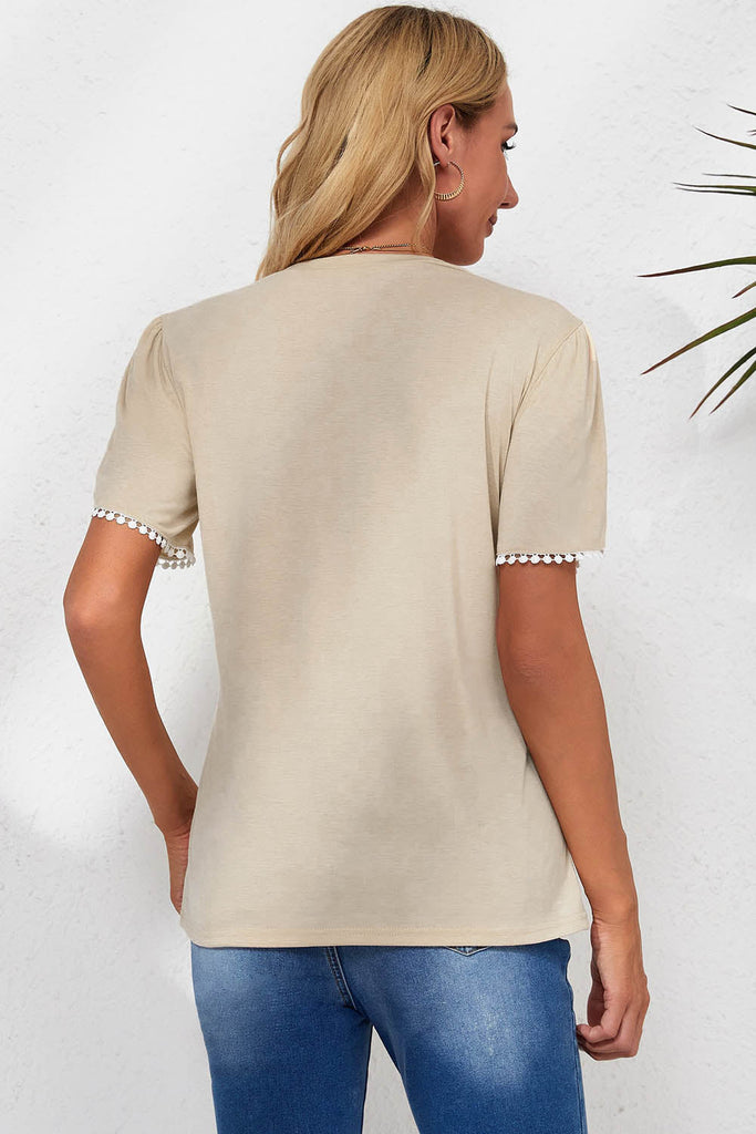 Beige Lace Trim Pleated Short Sleeve Top