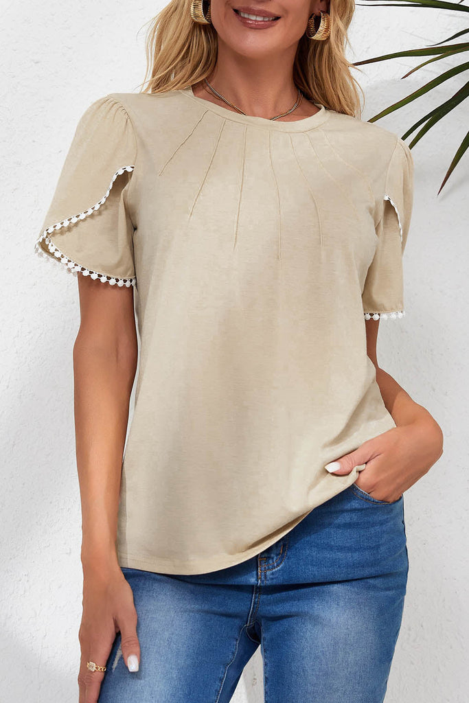 Beige Lace Trim Pleated Short Sleeve Top