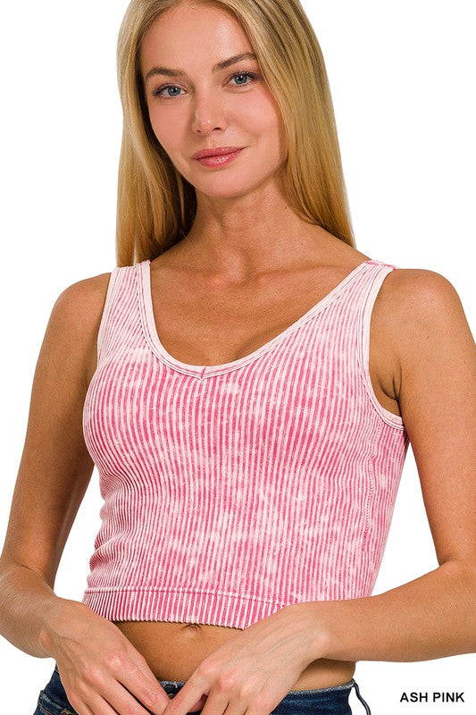 WASHED RIBBED CROPPED BRA PADDED V-NECK TANK TOP - ASH PINK