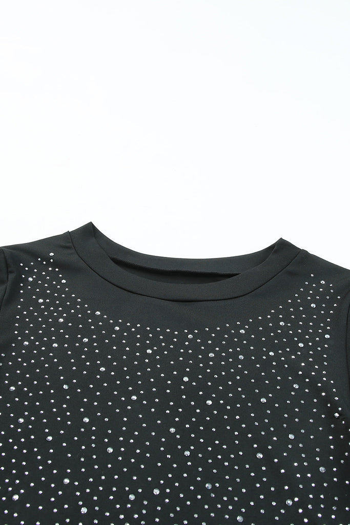 Black Rhinestone Crew Neck Long Sleeve Bodysuit