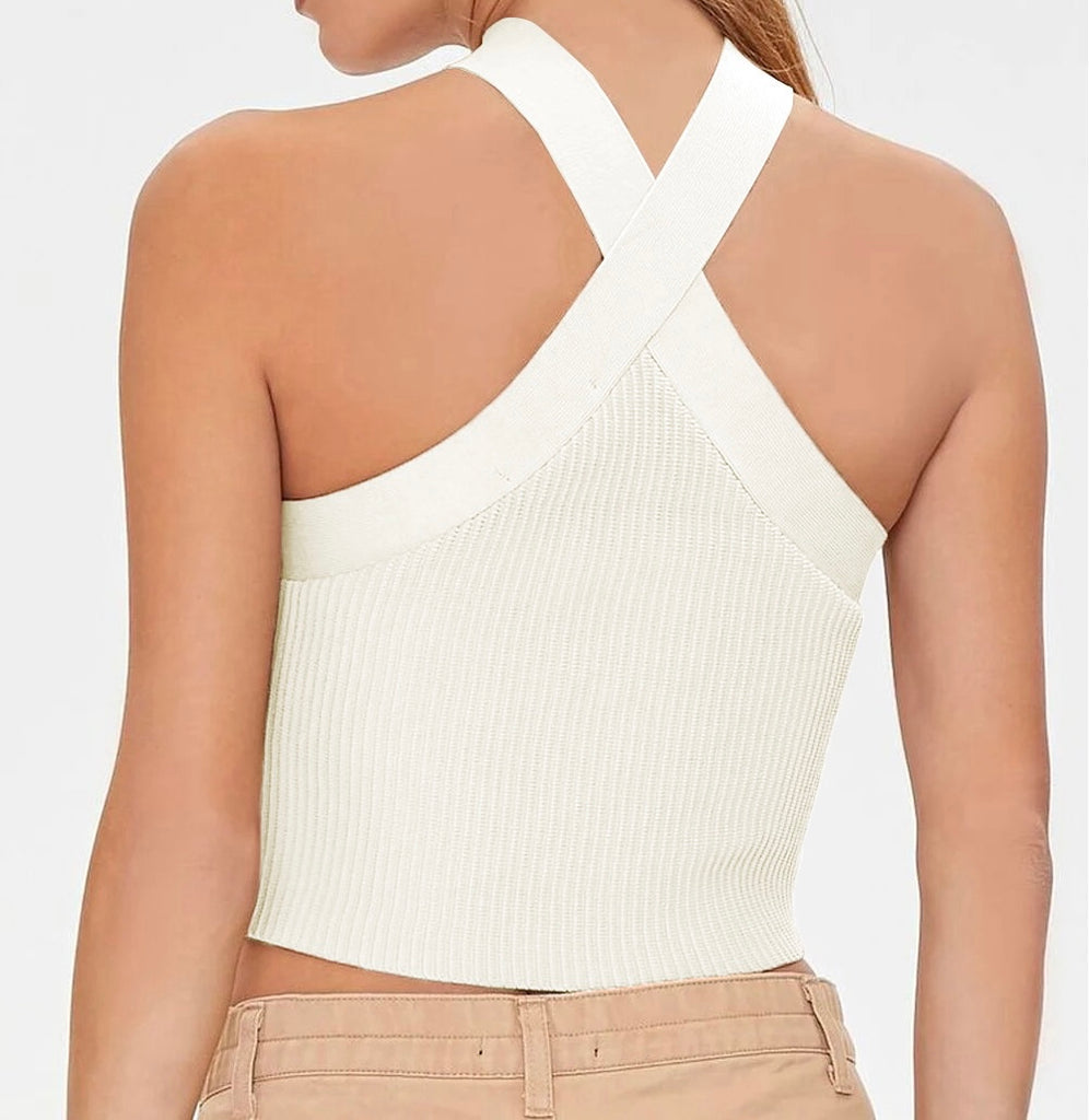 White  Ribbed Knit Criss Cross Halter Neck Tank Top