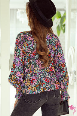 Multicolor Floral Print Ruffled Long Sleeve V-Neck Blouse