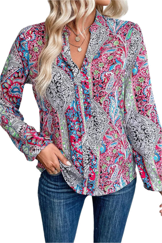 Multicolor Vintage Boho Paisley Print Notched Neck Blouse