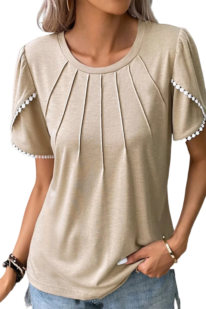 Beige Lace Trim Pleated Short Sleeve Top