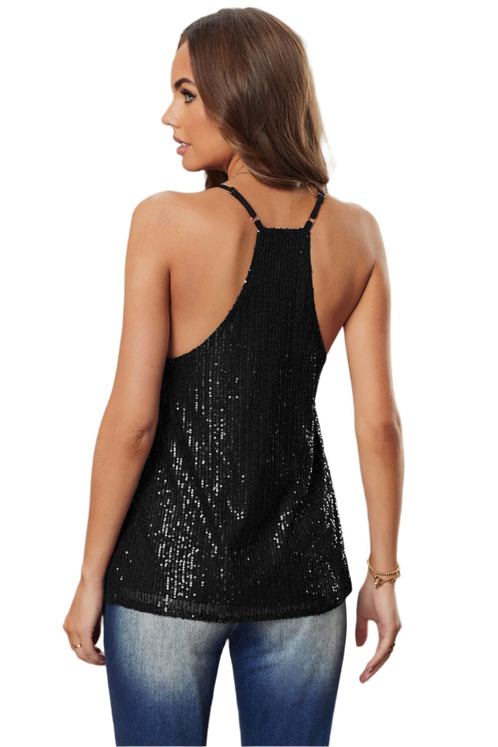 Black Sequin Racerback Tank with Adjustable Straps