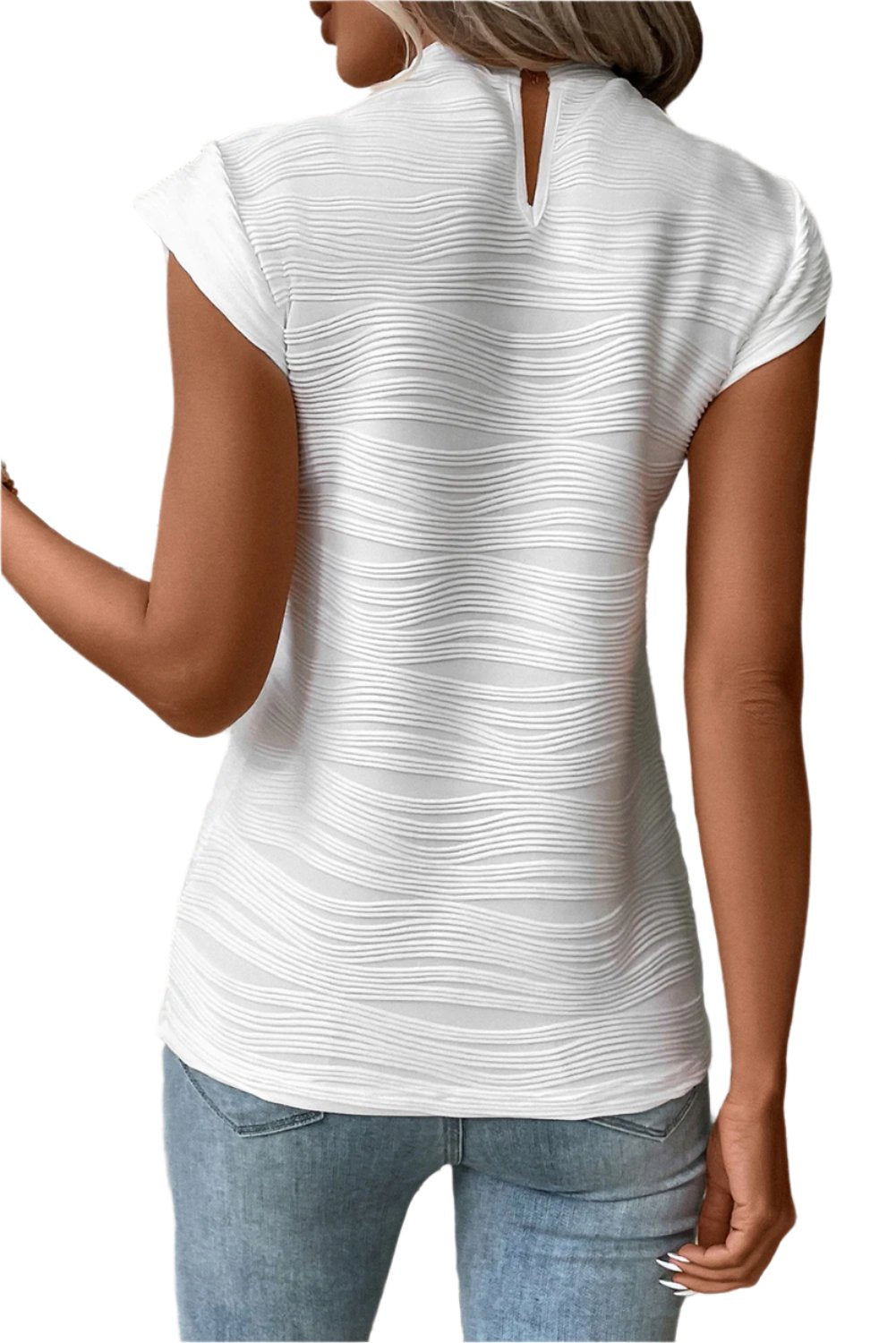 White Wavy Textured Mock Neck Cap Sleeve Top