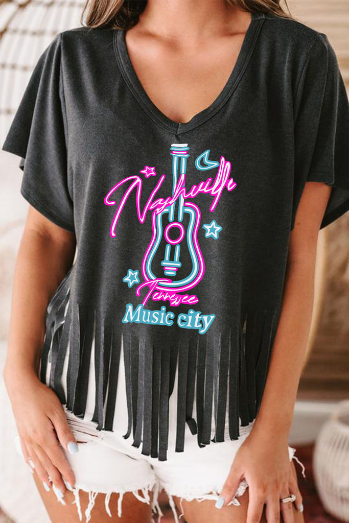 Black Nashville Guitar Print Fringed V Neck Graphic Tee