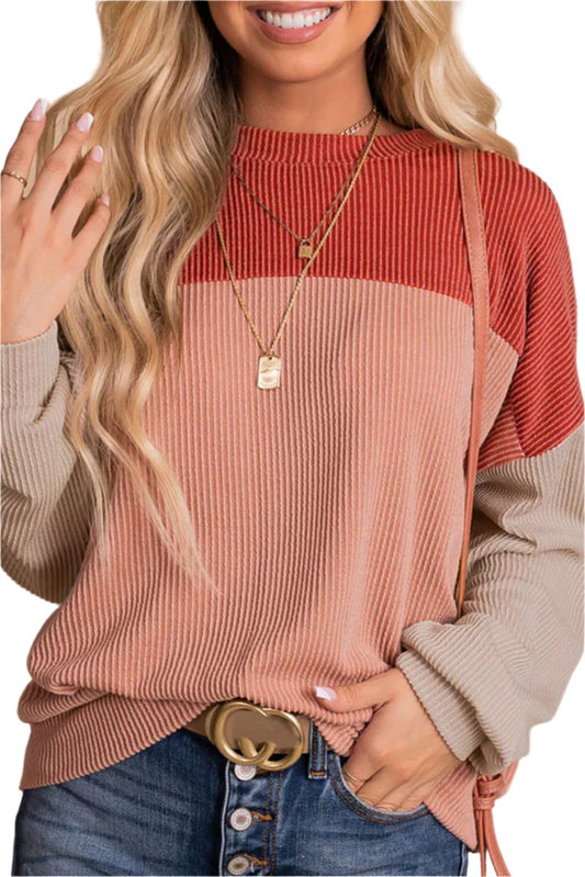 Red Color Block Long Sleeve Ribbed Loose Top