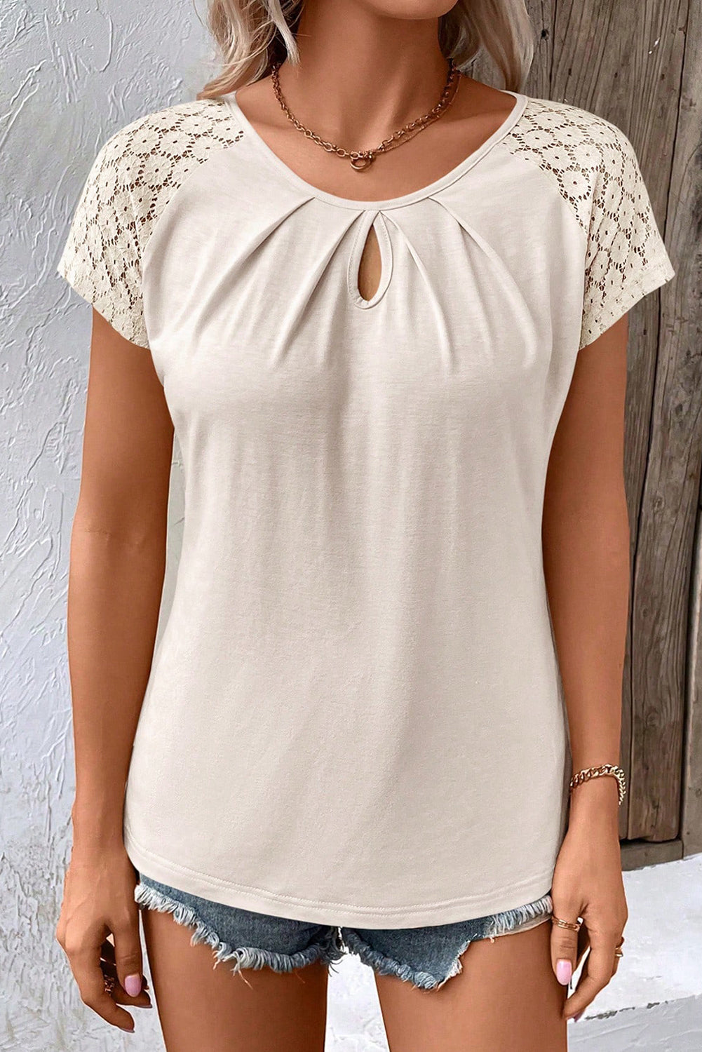 White Lace Sleeve Keyhole  Top