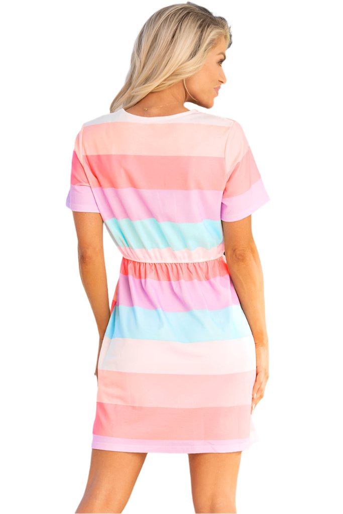 Multicolor Striped Drawstring V Neck T Shirt Dress