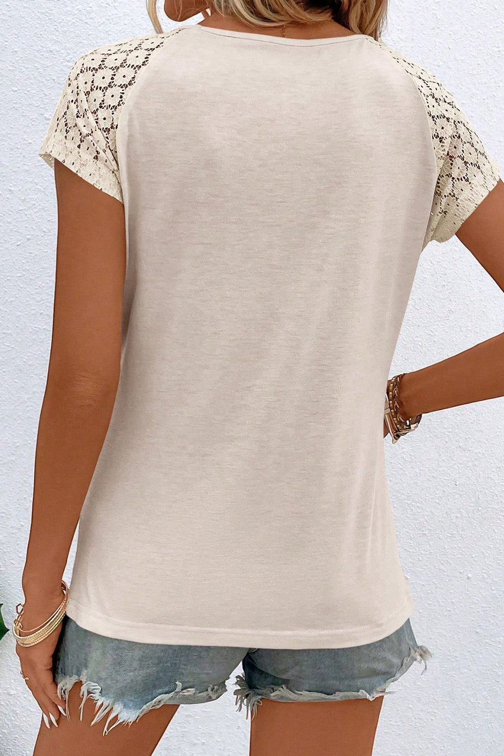 White Lace Sleeve Keyhole  Top