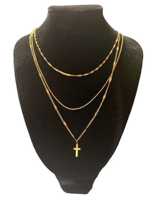 J-18K Waterproof ,tarnish free, hypoallergenic Triple Gold Non-Tarnish Stainless Steel Cross Necklace