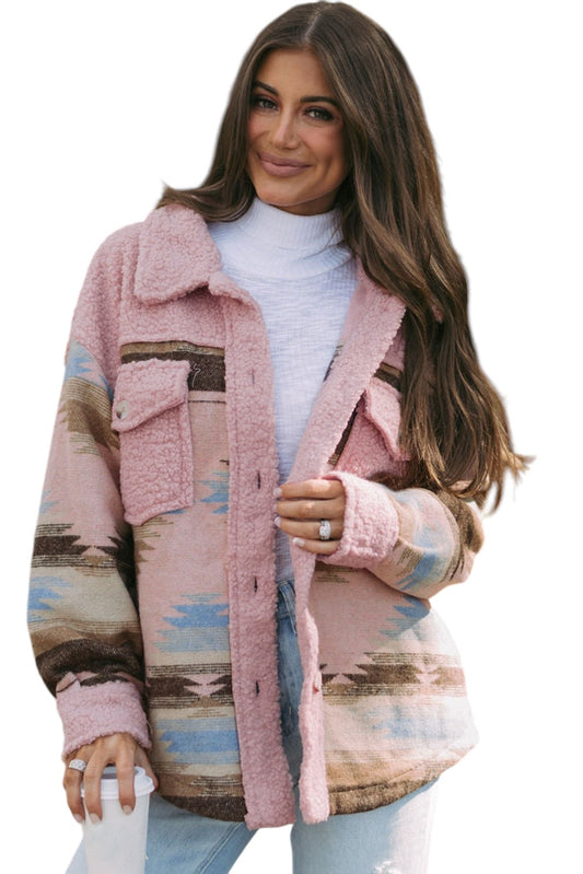 Pink Western Aztec Print Sherpa Shacket