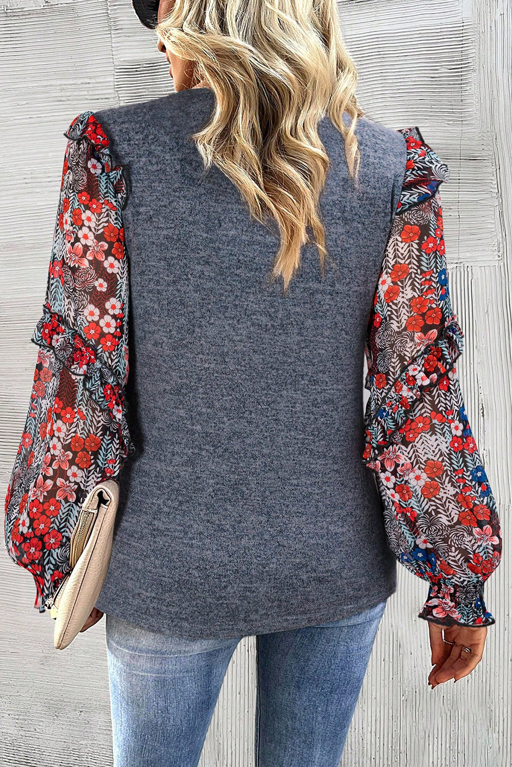 Ruffle Tiered Floral Sleeve Crew Neck Top