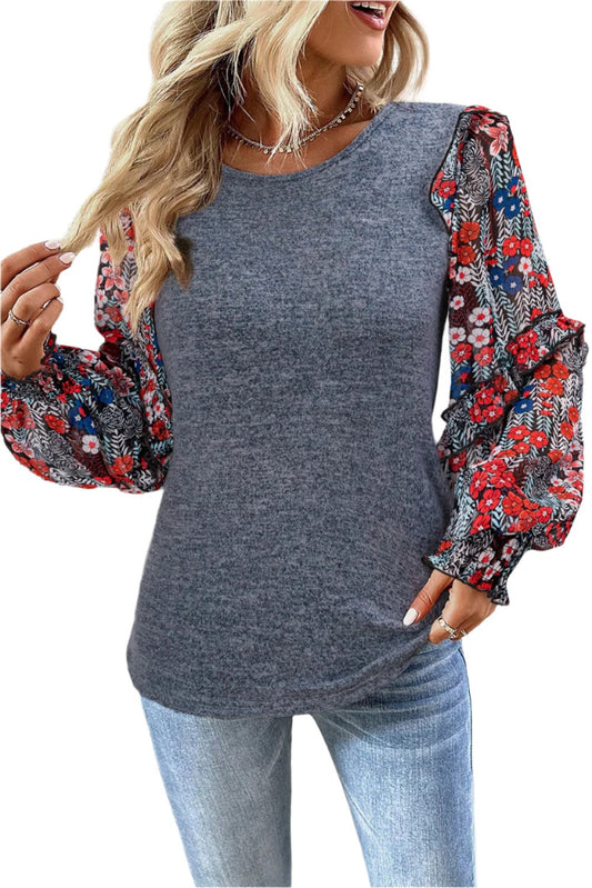 Ruffle Tiered Floral Sleeve Crew Neck Top