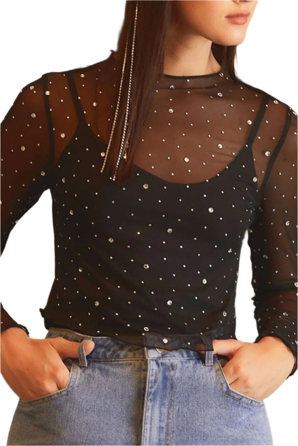 Black Rhinestone Sheer Mesh Slim Fit Long Sleeve Top