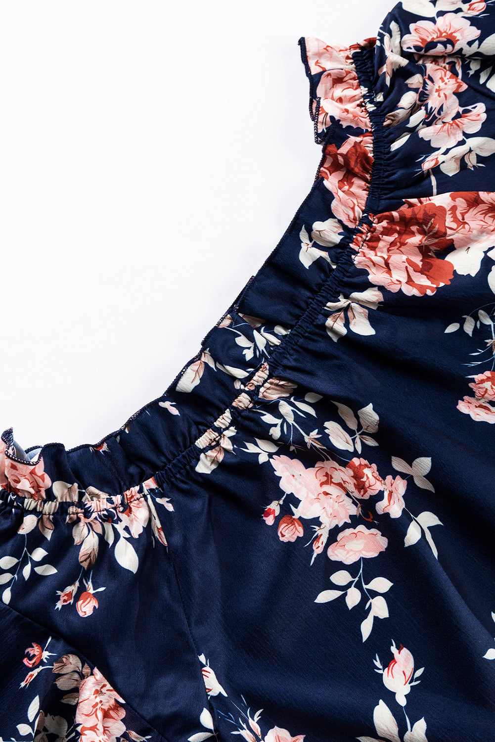 Navy Ruffle Off Shoulder Flounce Sleeve Floral Blouse