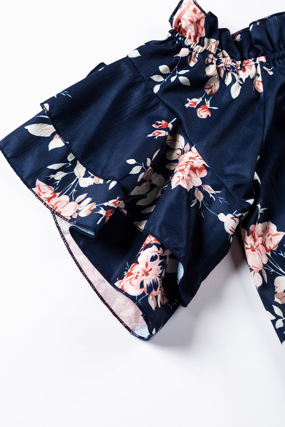 Navy Ruffle Off Shoulder Flounce Sleeve Floral Blouse