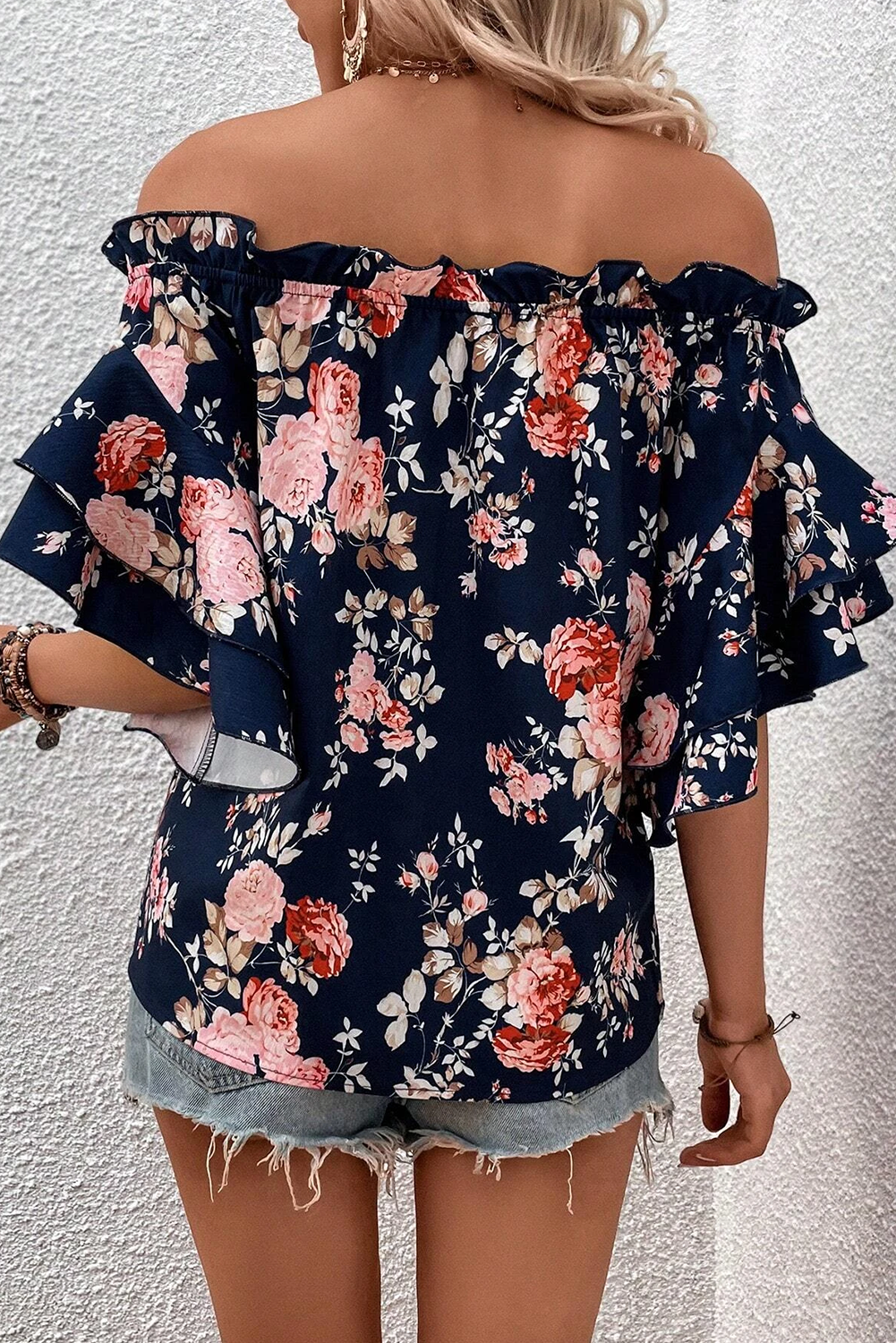 Navy Ruffle Off Shoulder Flounce Sleeve Floral Blouse