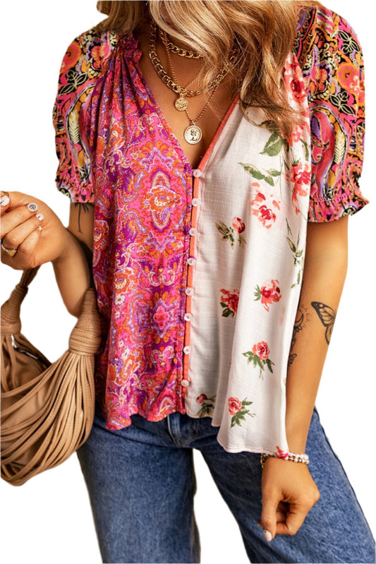 Multicolour Boho Floral Patchwork Buttoned Short Sleeve Blouse