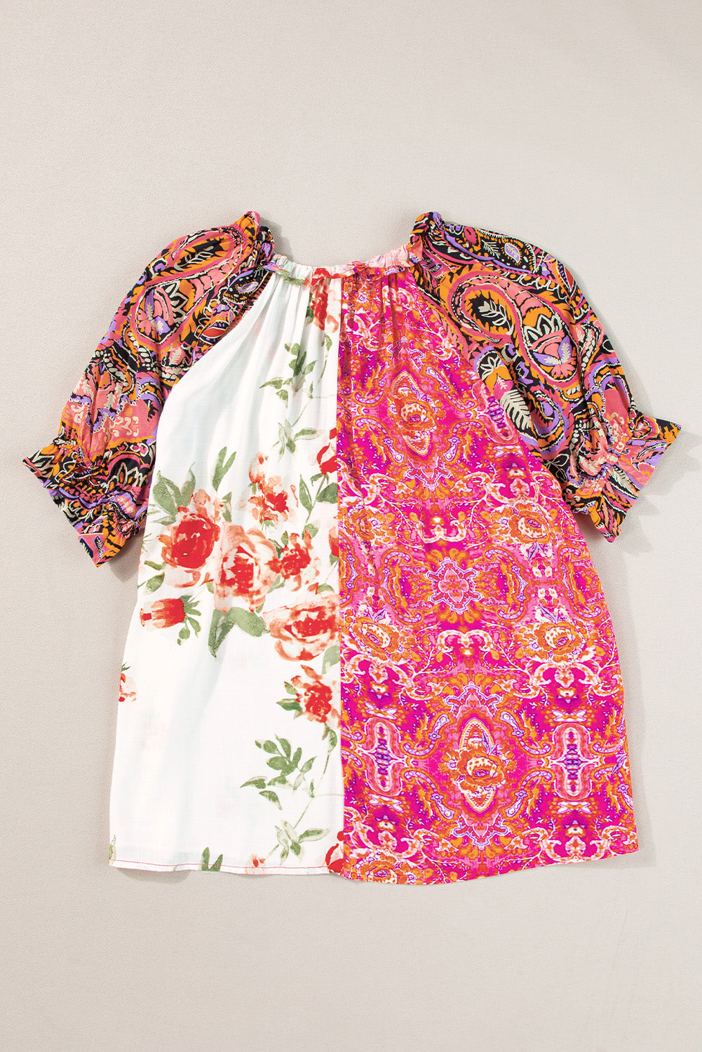 Multicolour Boho Floral Patchwork Buttoned Short Sleeve Blouse