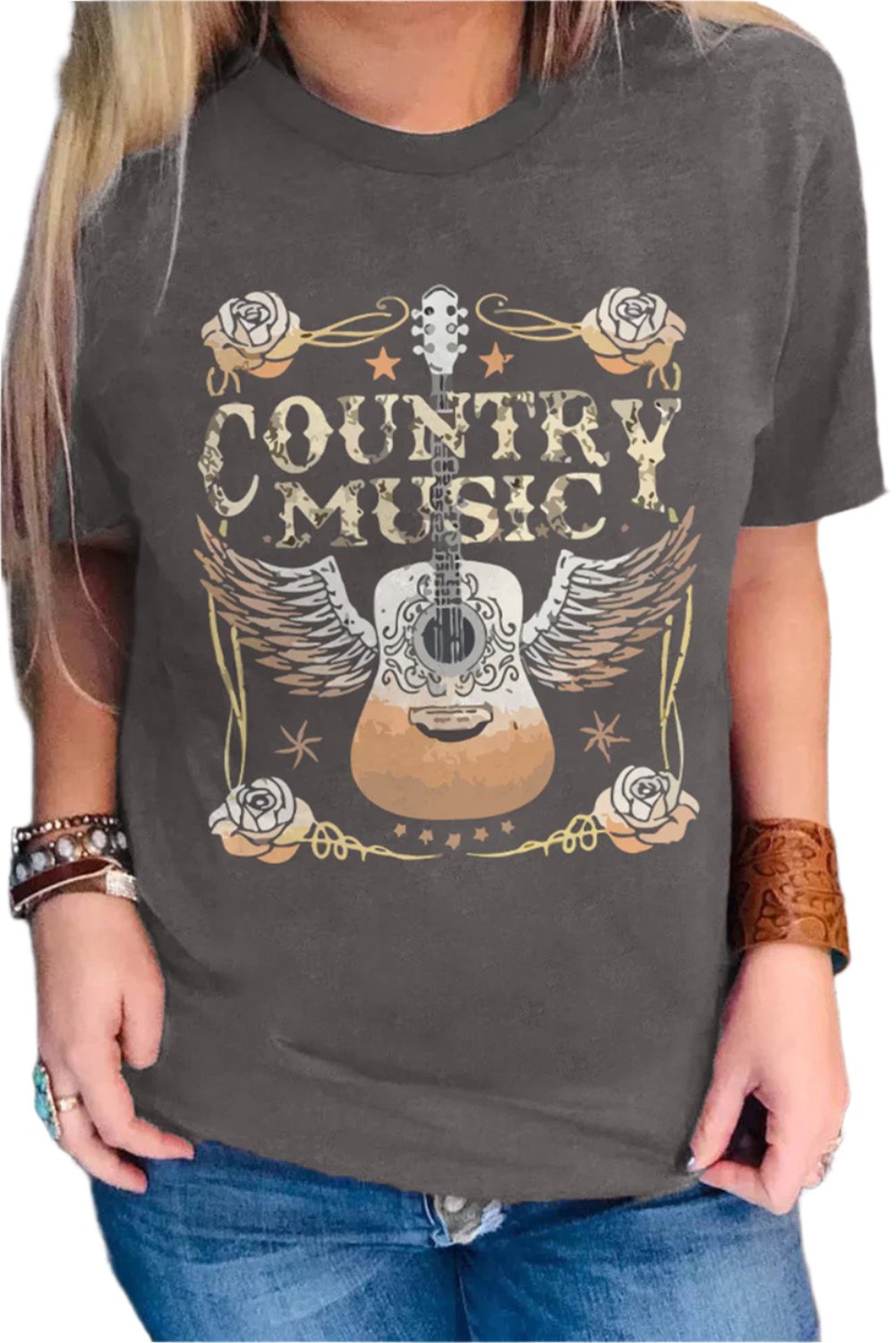 Gray COUNTRY MUSIC Guitar Graphic Print Crew Neck T Shirt