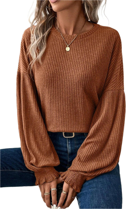 Chestnut Ribbed Knit Drop Shoulder Ruffled Sleeve