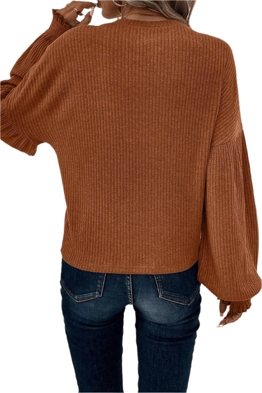 Chestnut Ribbed Knit Drop Shoulder Ruffled Sleeve