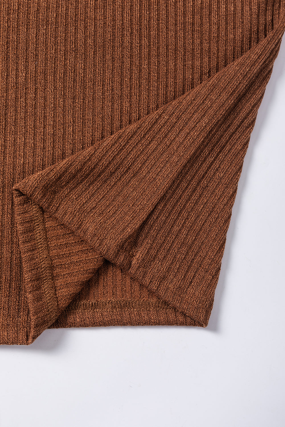 Chestnut Ribbed Knit Drop Shoulder Ruffled Sleeve