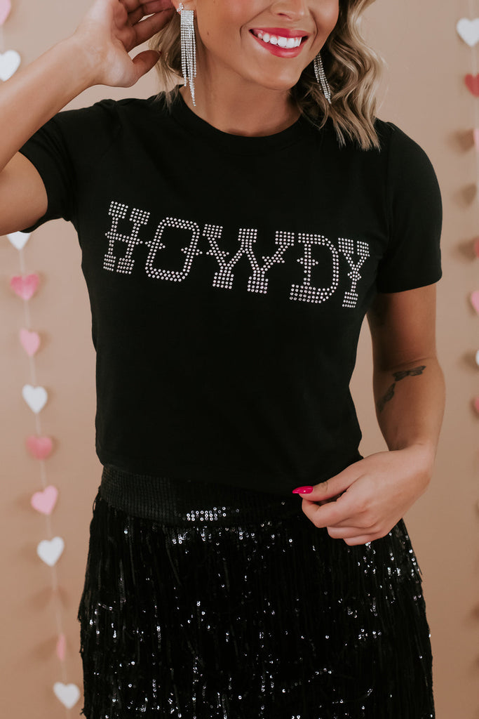 Black HOWDY Rhinestone Slim Fit Crew Neck T Shirt