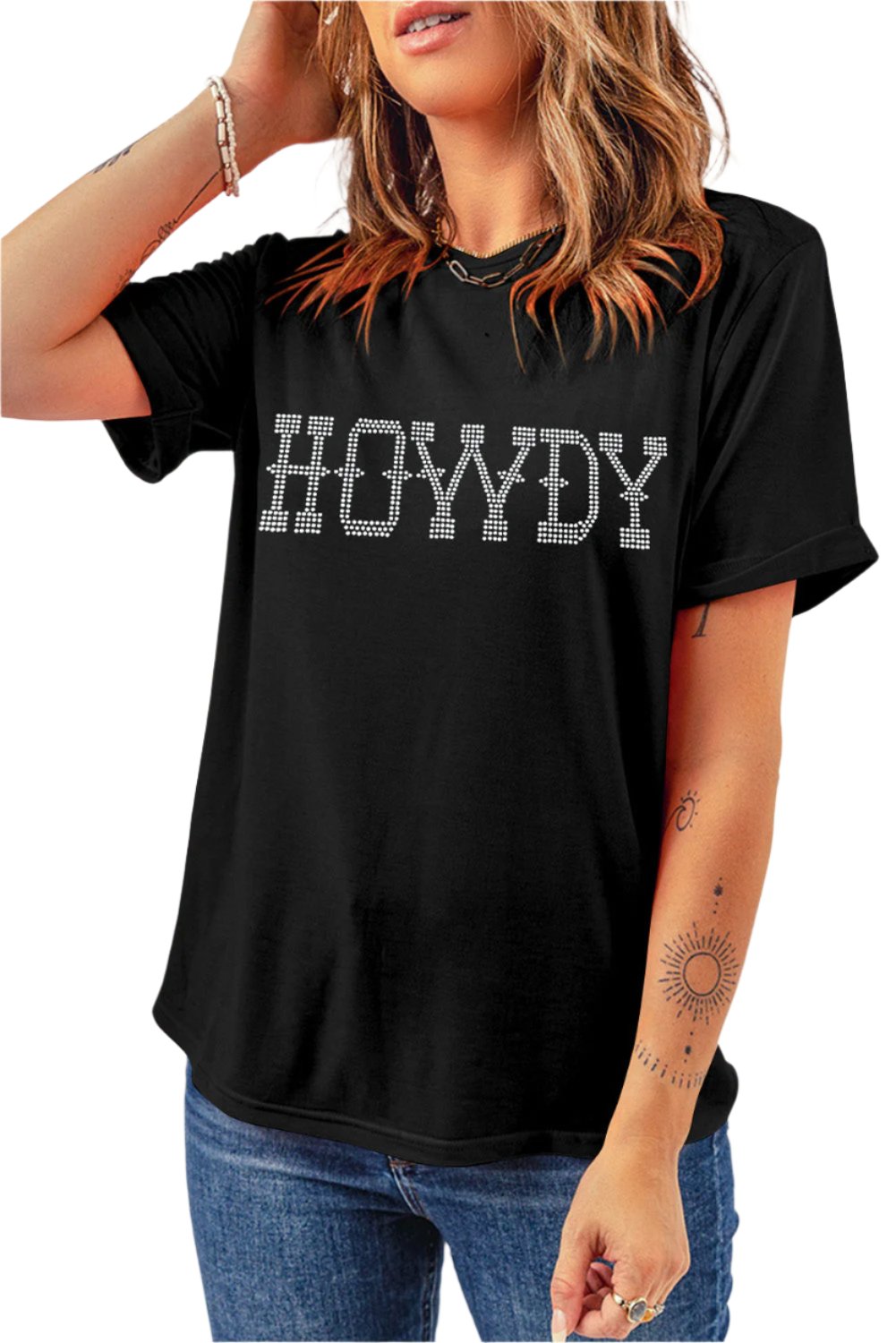 Black HOWDY Rhinestone Slim Fit Crew Neck T Shirt