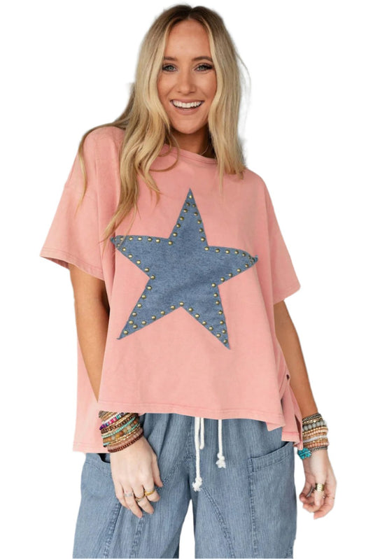 Pink Mineral Wash Studded Star Patch Graphic High Low Tee