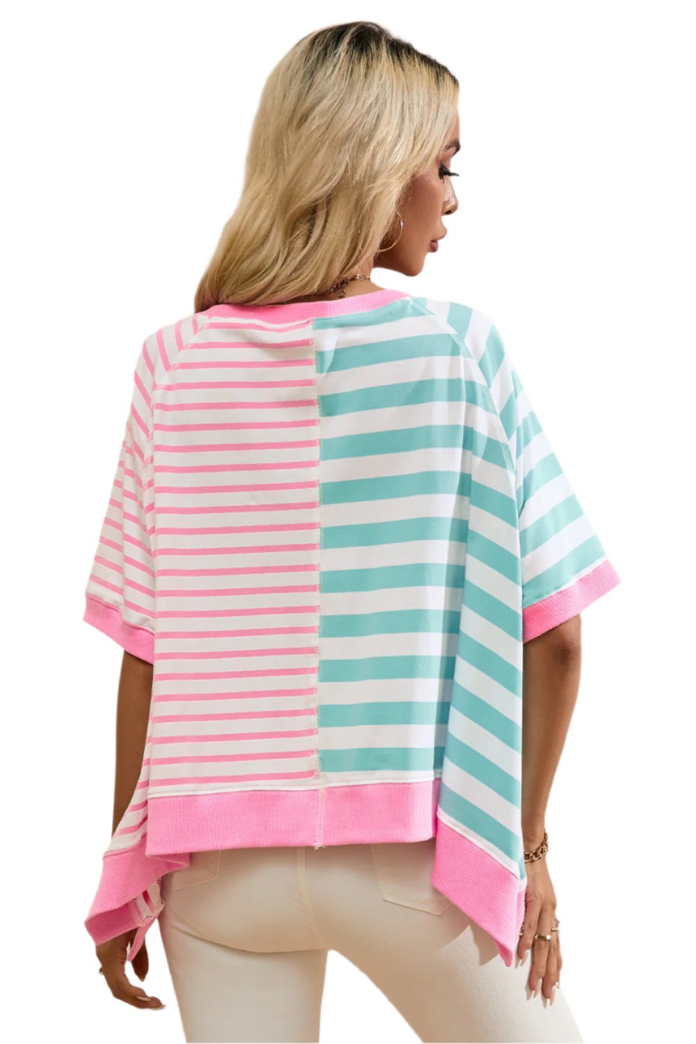 Pink Stripe Contrast Patchwork Oversized Top