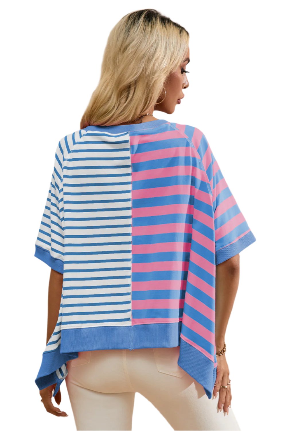 Blue Stripe Contrast Patchwork Oversized T Shirt