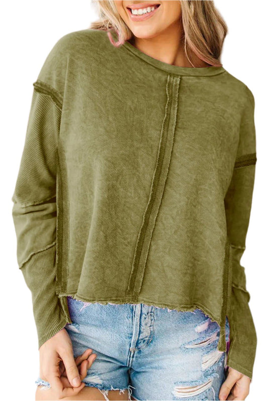 Green Exposed Seamed High Low Raw Edge Top