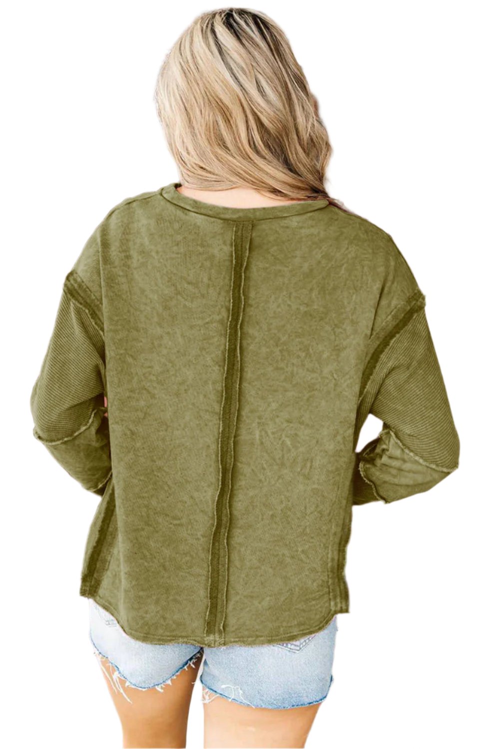 Green Exposed Seamed High Low Raw Edge Top