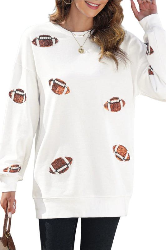 White Sequin  Football  Pullover Sweatshirt