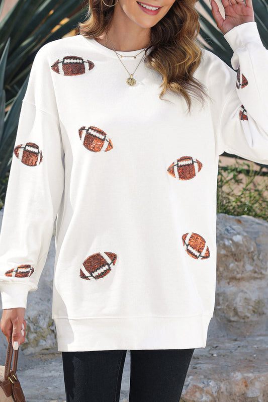 White Sequin  Football  Pullover Sweatshirt