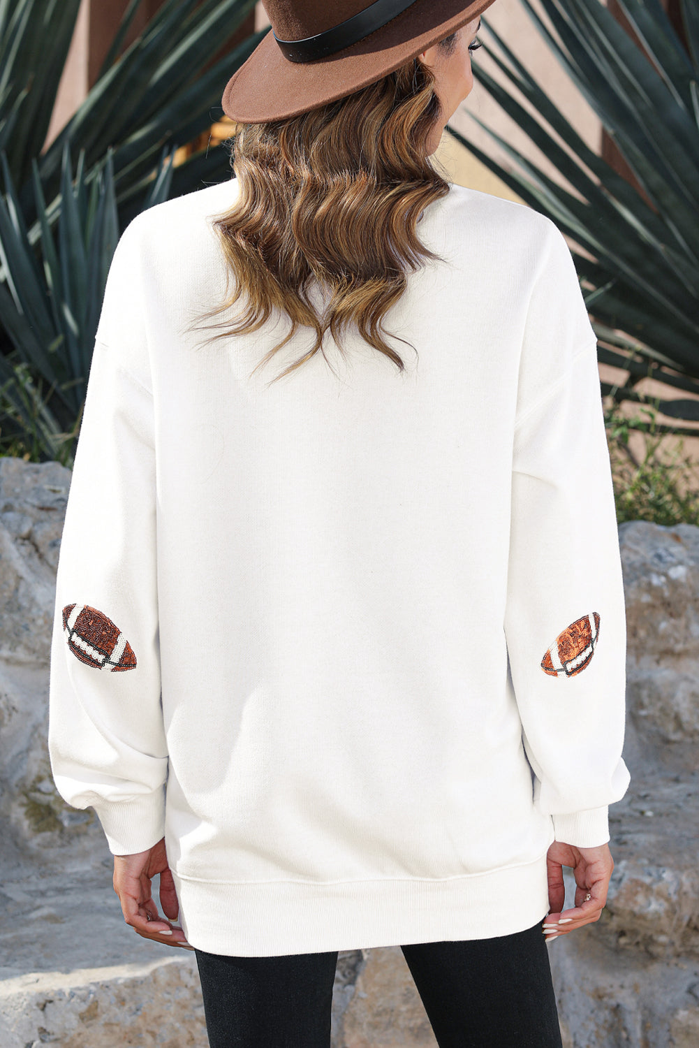 White Sequin  Football  Pullover Sweatshirt