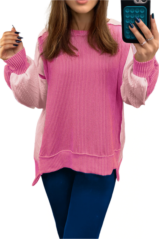 Pink Cable Knit Colorblock Exposed Seam Top