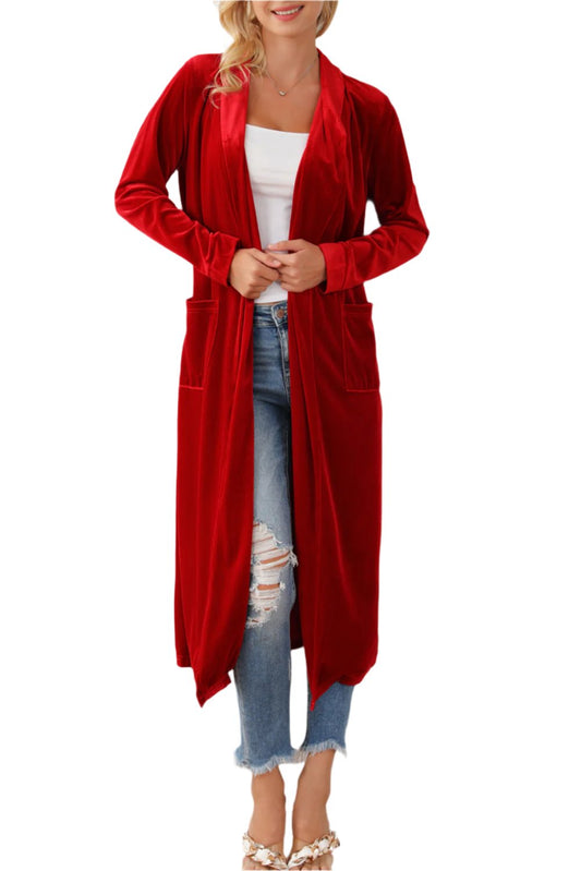 Red Velvet Open Front Pocketed Long Cardigan