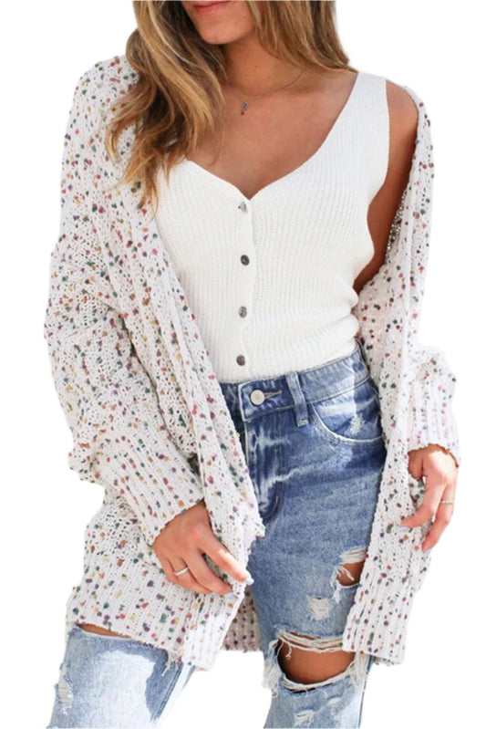 White Confetti Rib Knit Long Sleeve Cardigan