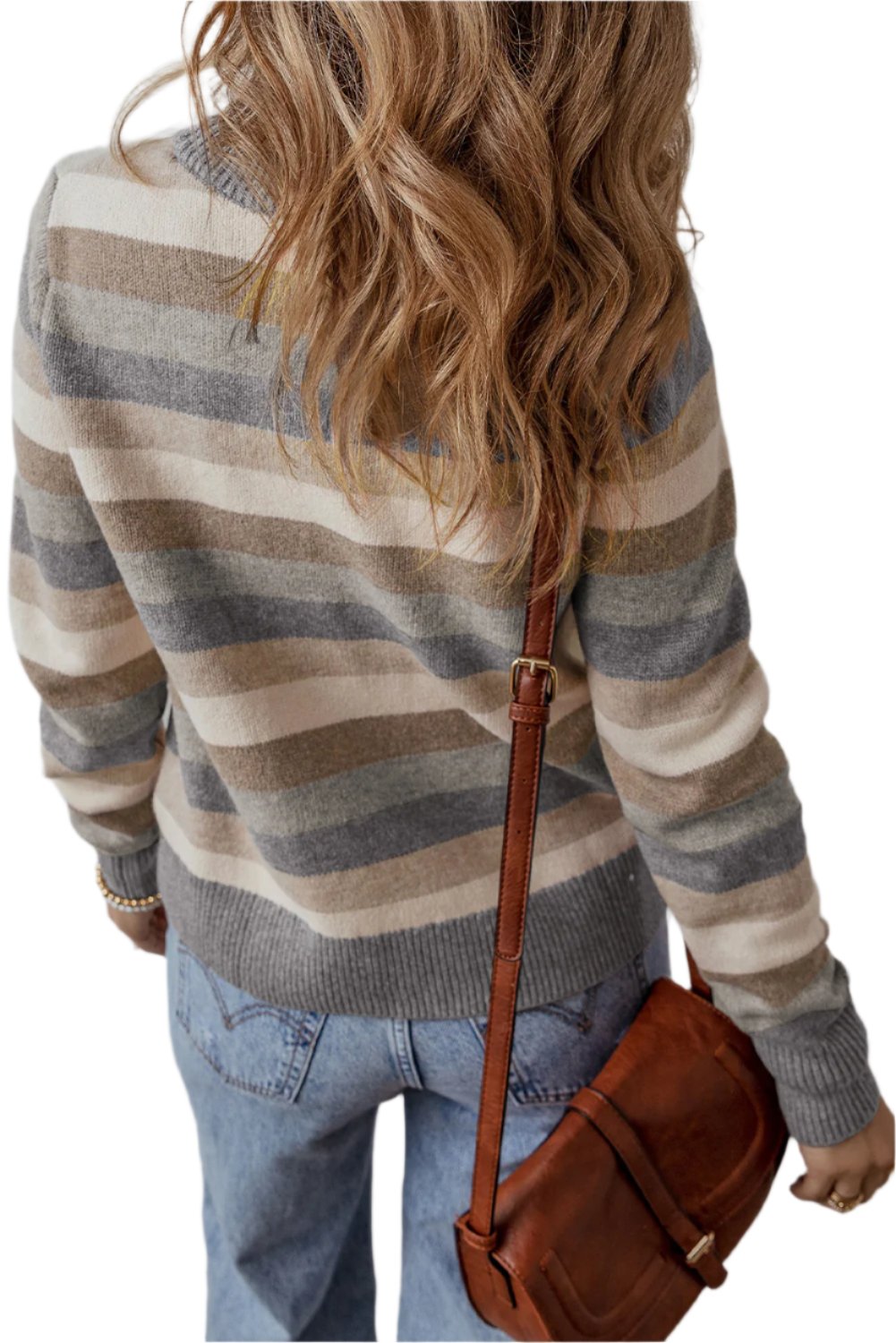 Gray Stripe Color Block Ribbed Edge Round Neck Sweater