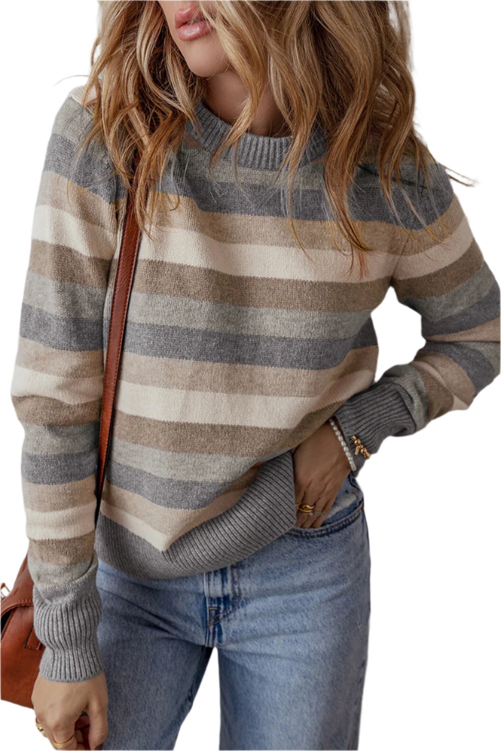 Gray Stripe Color Block Ribbed Edge Round Neck Sweater