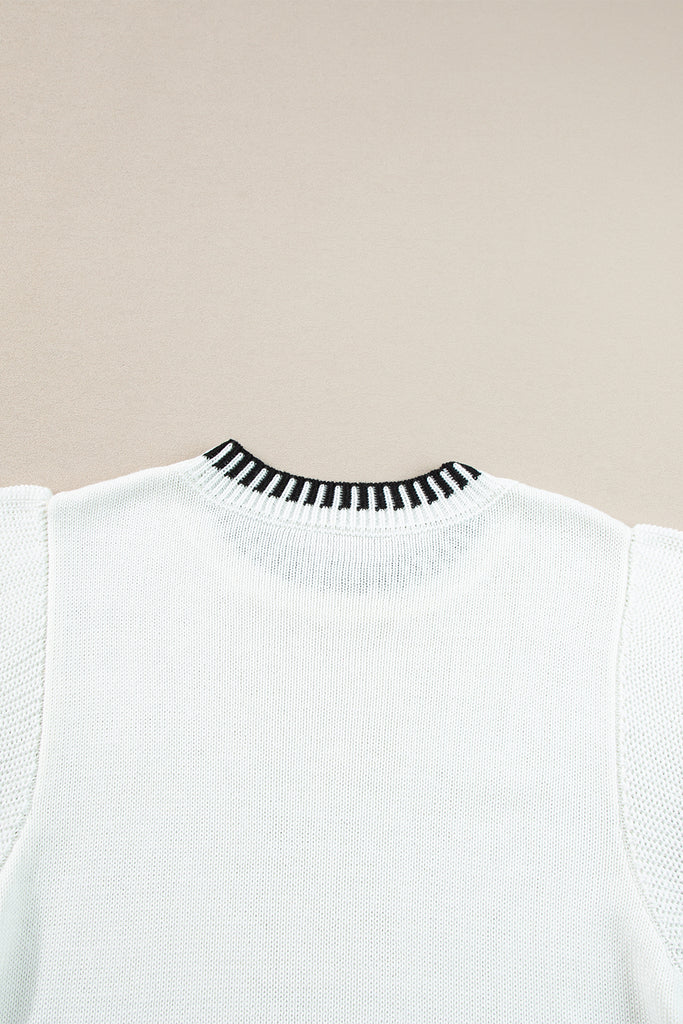 White Contrast Trim Round Neck Batwing Sleeve Knitted Top