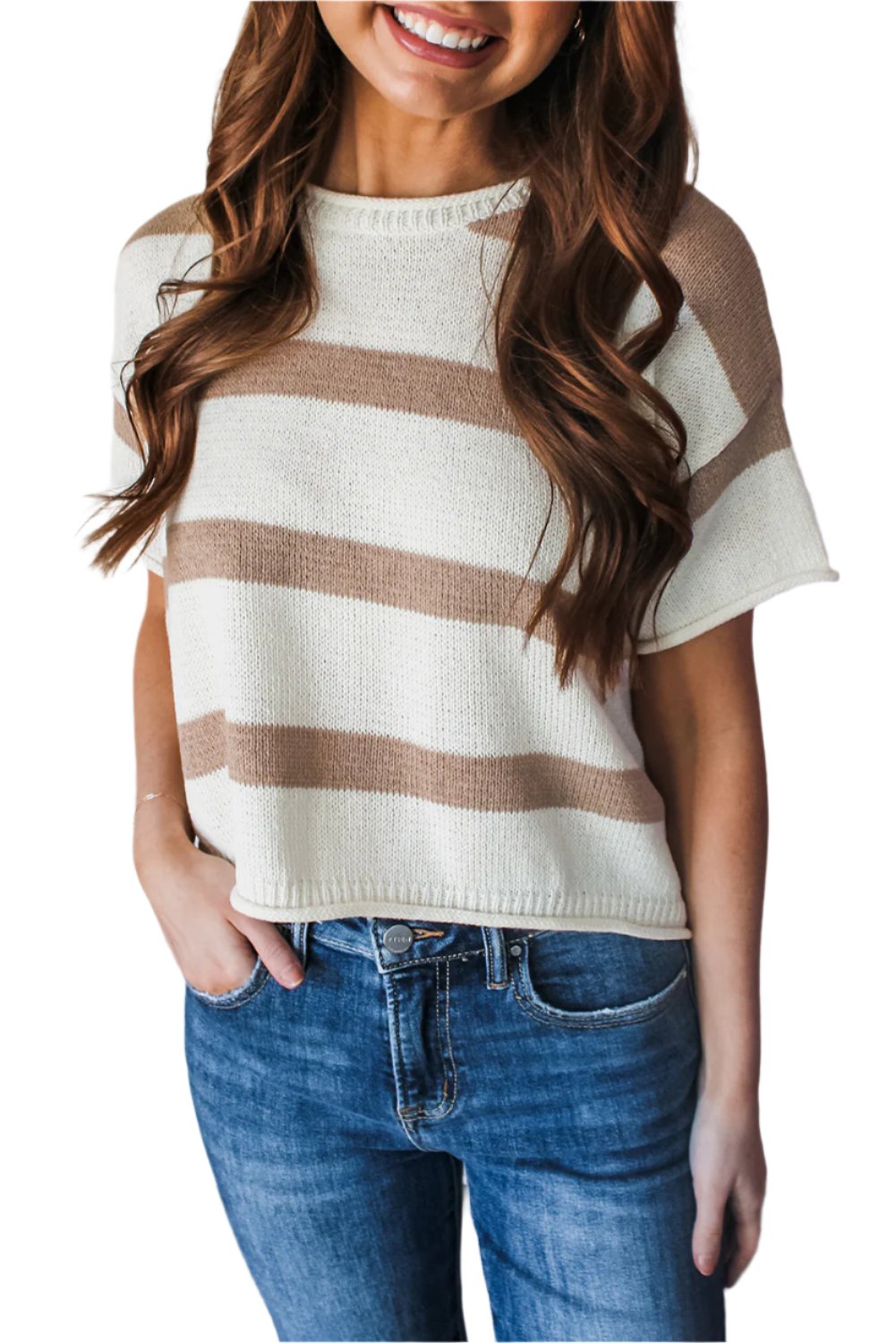 Stripe Dropped Short Sleeve Lightweight Knitted Sweater