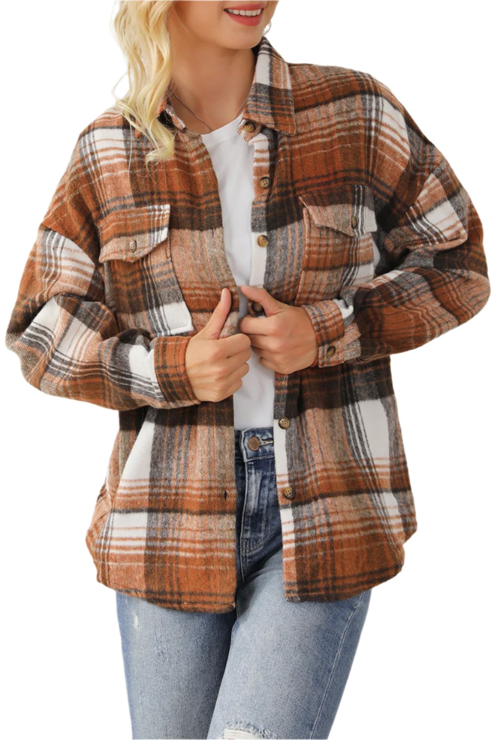 Brown Plaid Flap Pockets Shacket